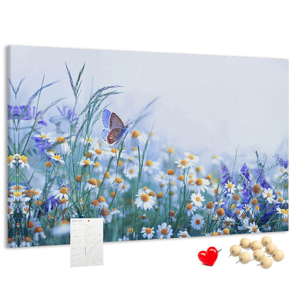 Lavagna di sughero con motivo a prato con farfalle e fiori