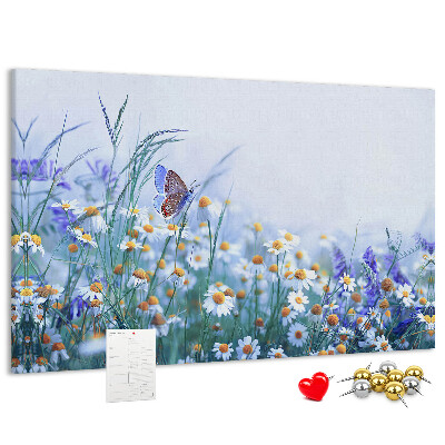 Lavagna di sughero con motivo a prato con farfalle e fiori