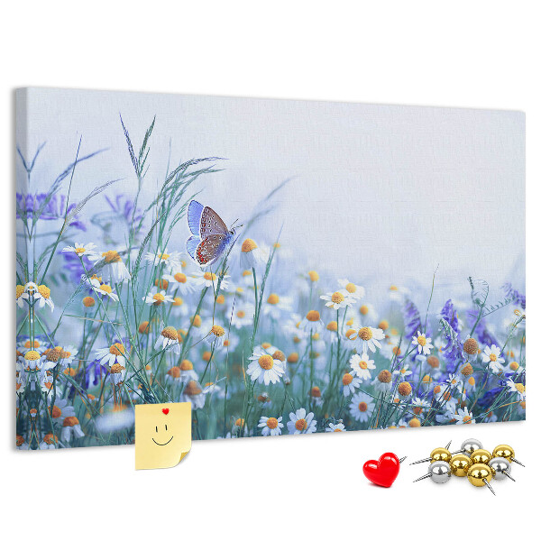 Lavagna di sughero con motivo a prato con farfalle e fiori