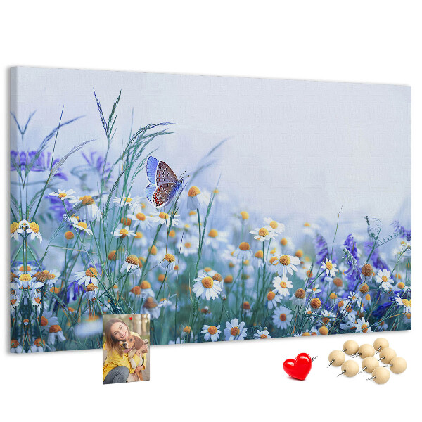 Lavagna di sughero con motivo a prato con farfalle e fiori
