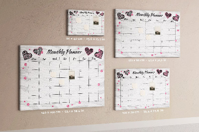 Bacheca in sughero agenda mensile con decorazioni a cuori