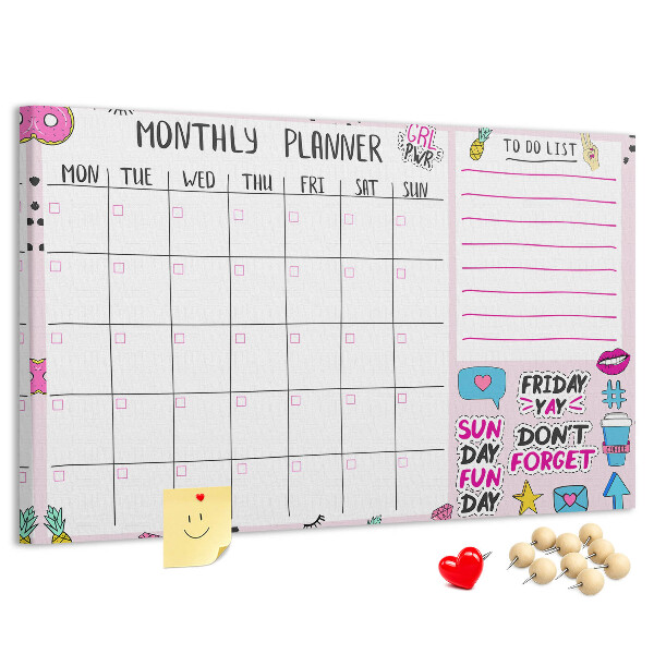 Bacheca in sughero agenda mensile colorata con motivi decorativi