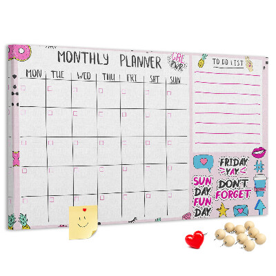 Bacheca in sughero agenda mensile colorata con motivi decorativi