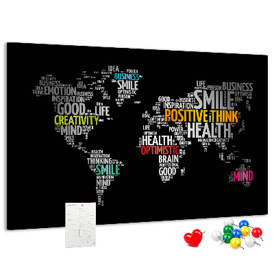 Lavagna di sughero mappa del mondo con slogan motivazionali