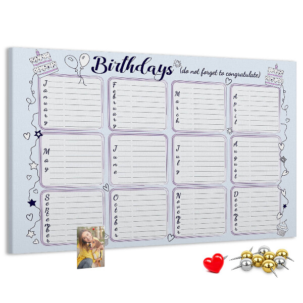 Bacheca in sughero calendario dei compleanni con dettagli colorati