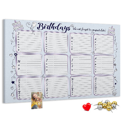 Bacheca in sughero calendario dei compleanni con dettagli colorati