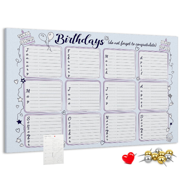 Bacheca in sughero calendario dei compleanni con dettagli colorati