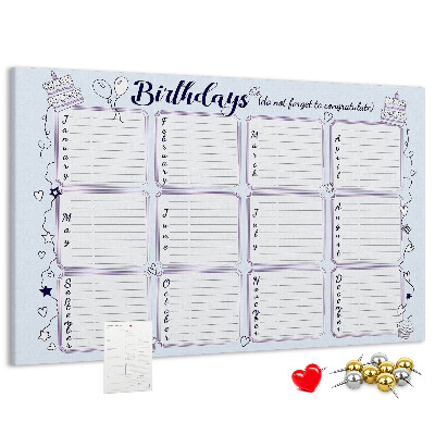 Bacheca in sughero calendario dei compleanni con dettagli colorati
