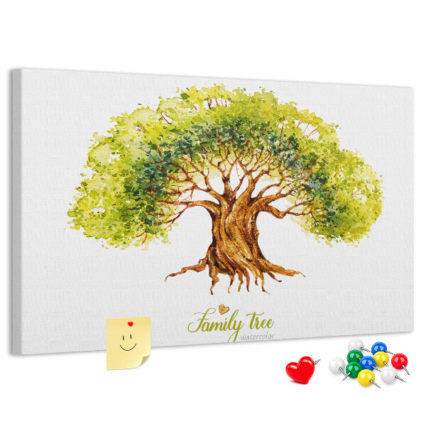 Lavagna di sughero con stampa di albero genealogico ad acquerello con foglie