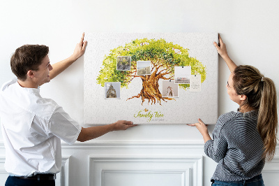 Lavagna di sughero con stampa di albero genealogico ad acquerello con foglie