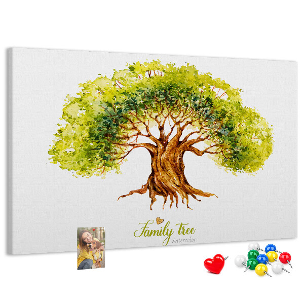 Lavagna di sughero con stampa di albero genealogico ad acquerello con foglie