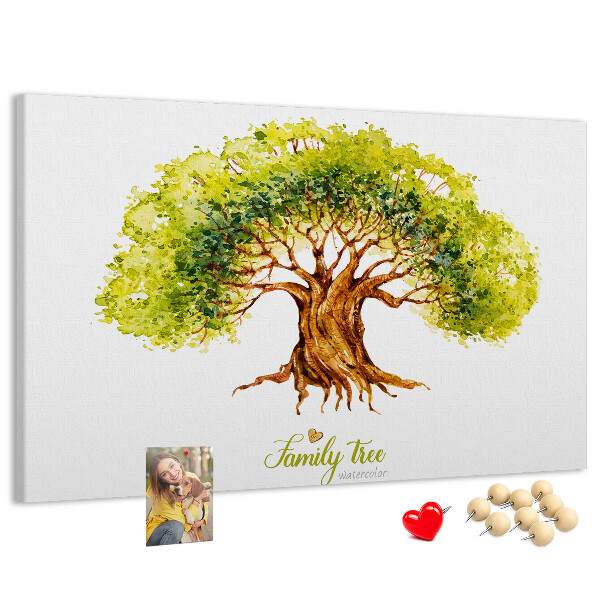 Lavagna di sughero con stampa di albero genealogico ad acquerello con foglie