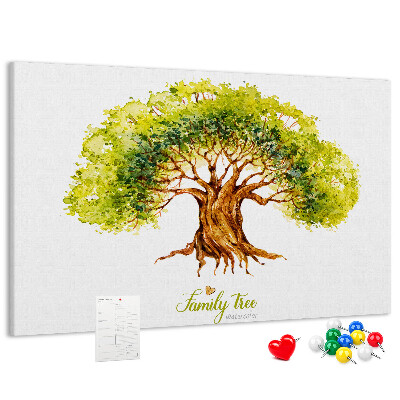 Lavagna di sughero con stampa di albero genealogico ad acquerello con foglie