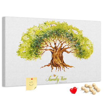 Lavagna di sughero con stampa di albero genealogico ad acquerello con foglie