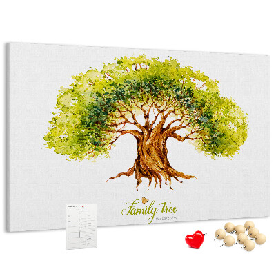 Lavagna di sughero con stampa di albero genealogico ad acquerello con foglie