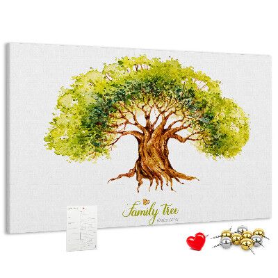 Lavagna di sughero con stampa di albero genealogico ad acquerello con foglie