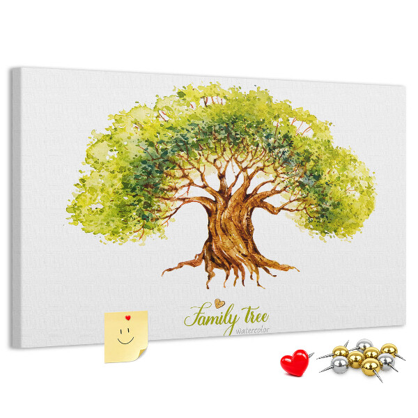 Lavagna di sughero con stampa di albero genealogico ad acquerello con foglie