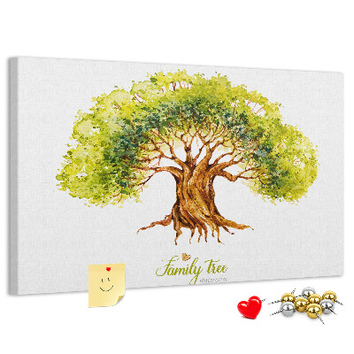 Lavagna di sughero con stampa di albero genealogico ad acquerello con foglie