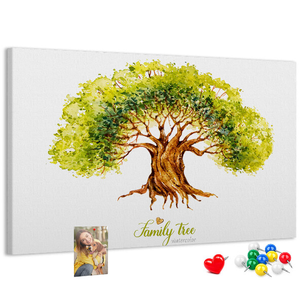 Lavagna di sughero con stampa di albero genealogico ad acquerello con foglie