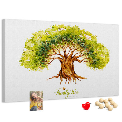 Lavagna di sughero con stampa di albero genealogico ad acquerello con foglie