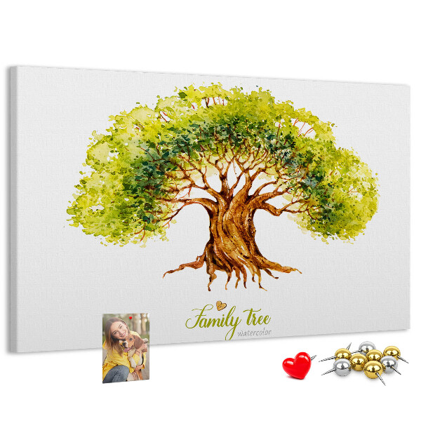 Lavagna di sughero con stampa di albero genealogico ad acquerello con foglie