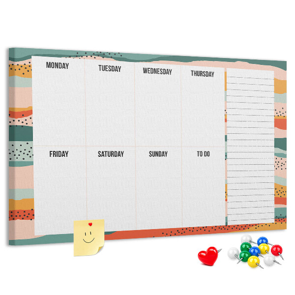 Lavagna di sughero agenda colorata con layout settimanale