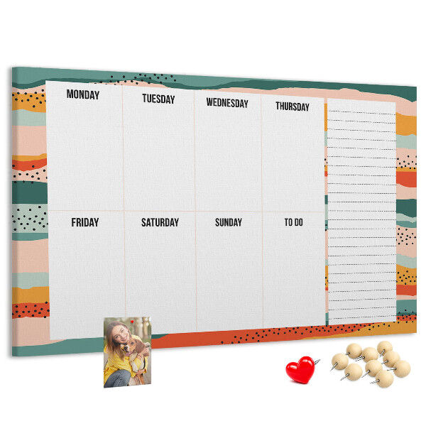 Lavagna di sughero agenda colorata con layout settimanale