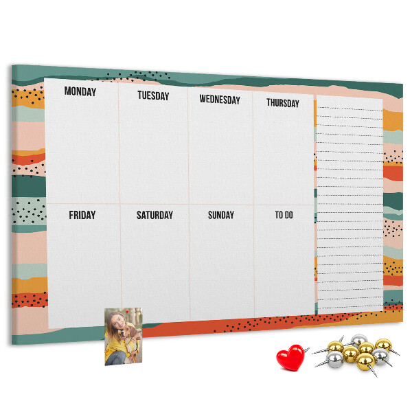 Lavagna di sughero agenda colorata con layout settimanale