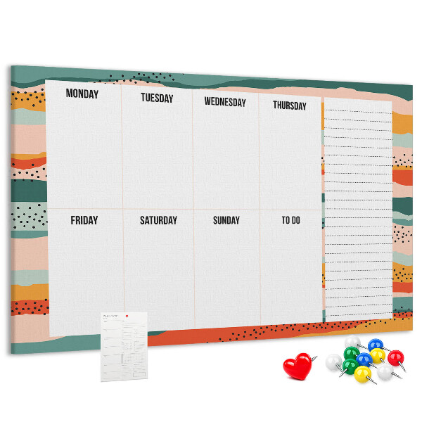 Lavagna di sughero agenda colorata con layout settimanale