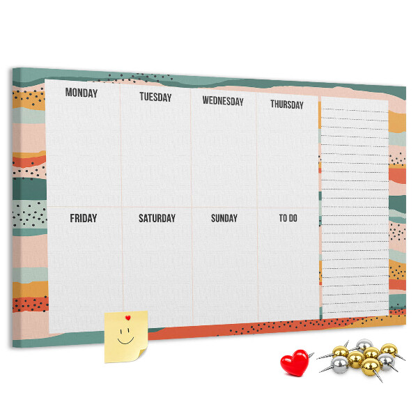 Lavagna di sughero agenda colorata con layout settimanale
