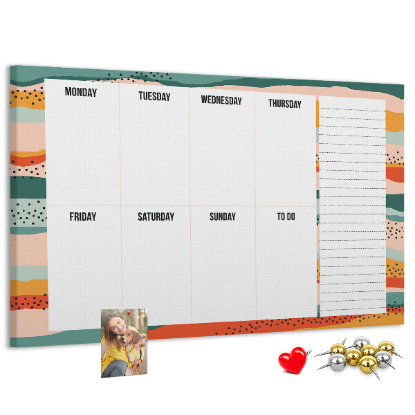 Lavagna di sughero agenda colorata con layout settimanale
