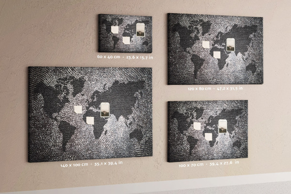 Lavagna di sughero mappa del mondo in diverse tonalità di grigio