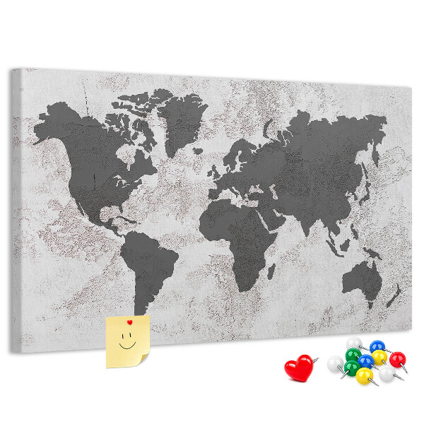 Bacheca in sughero mappa del mondo elegante in diverse tonalità di grigio