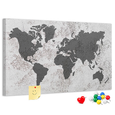 Bacheca in sughero mappa del mondo elegante in diverse tonalità di grigio