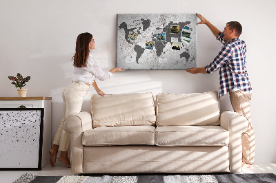 Bacheca in sughero mappa del mondo elegante in diverse tonalità di grigio