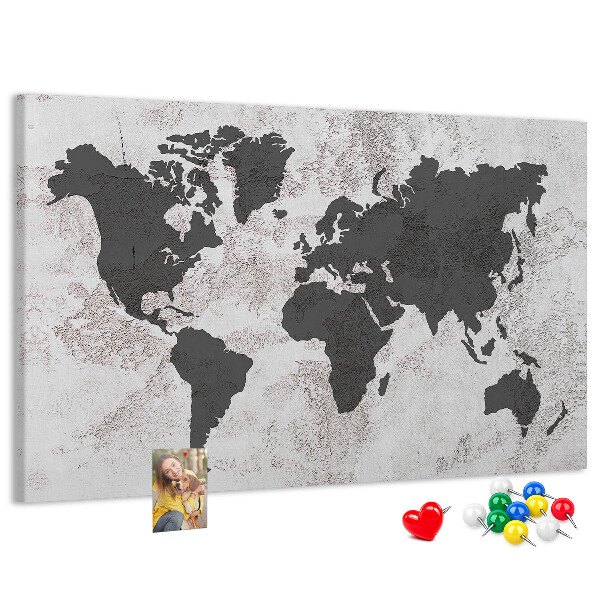 Bacheca in sughero mappa del mondo elegante in diverse tonalità di grigio
