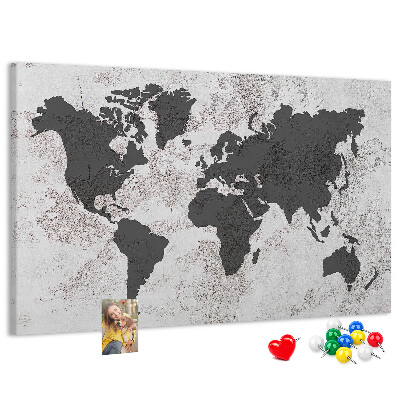 Bacheca in sughero mappa del mondo elegante in diverse tonalità di grigio