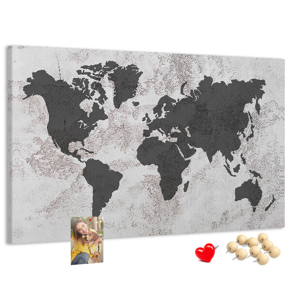 Bacheca in sughero mappa del mondo elegante in diverse tonalità di grigio
