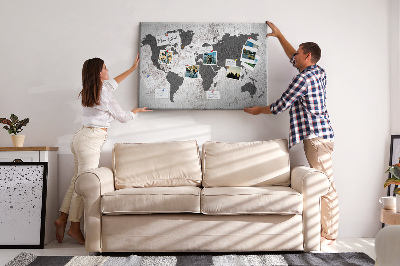 Bacheca in sughero mappa del mondo elegante in diverse tonalità di grigio