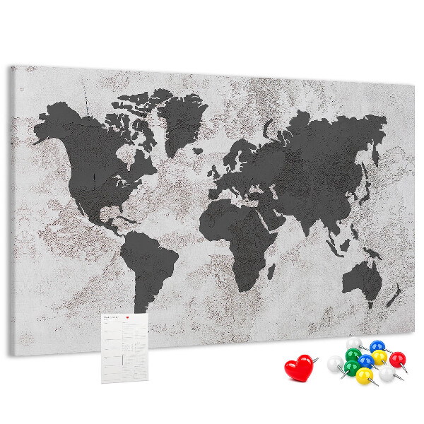 Bacheca in sughero mappa del mondo elegante in diverse tonalità di grigio