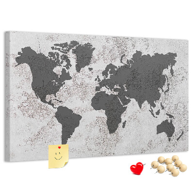 Bacheca in sughero mappa del mondo elegante in diverse tonalità di grigio