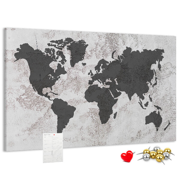 Bacheca in sughero mappa del mondo elegante in diverse tonalità di grigio
