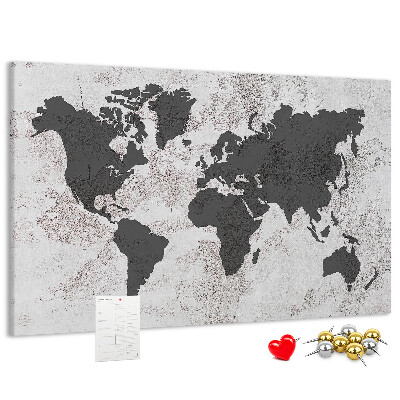 Bacheca in sughero mappa del mondo elegante in diverse tonalità di grigio