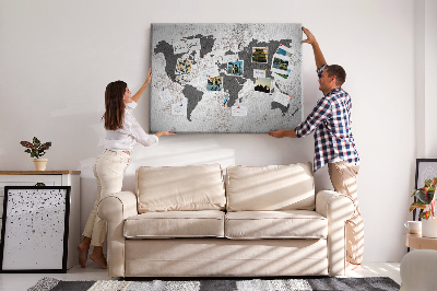 Bacheca in sughero mappa del mondo elegante in diverse tonalità di grigio