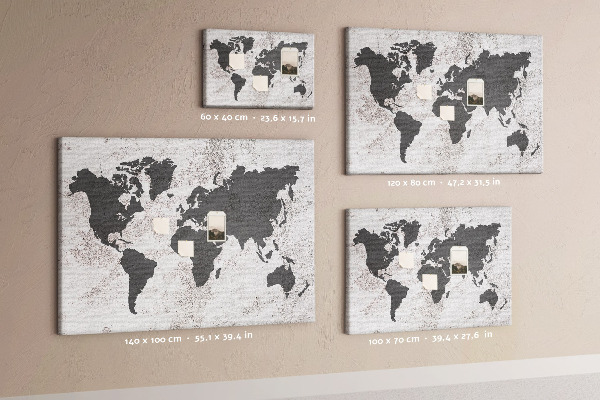 Bacheca in sughero mappa del mondo elegante in diverse tonalità di grigio