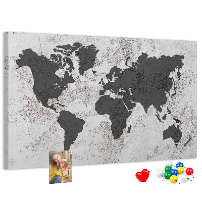 Bacheca in sughero mappa del mondo elegante in diverse tonalità di grigio