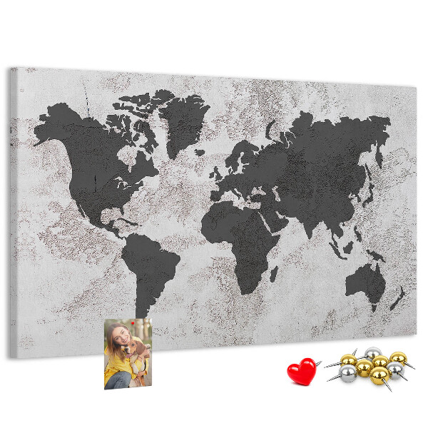 Bacheca in sughero mappa del mondo elegante in diverse tonalità di grigio