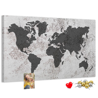 Bacheca in sughero mappa del mondo elegante in diverse tonalità di grigio