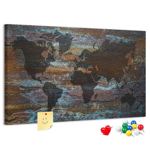 Lavagna di sughero mappa del mondo su sfondo rustico