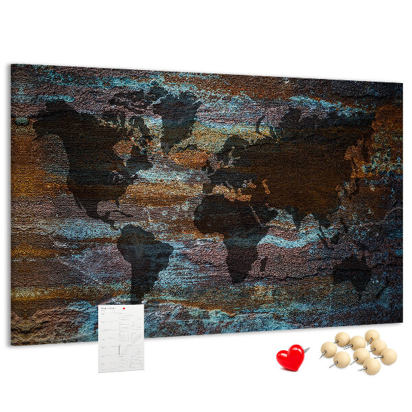 Lavagna di sughero mappa del mondo su sfondo rustico